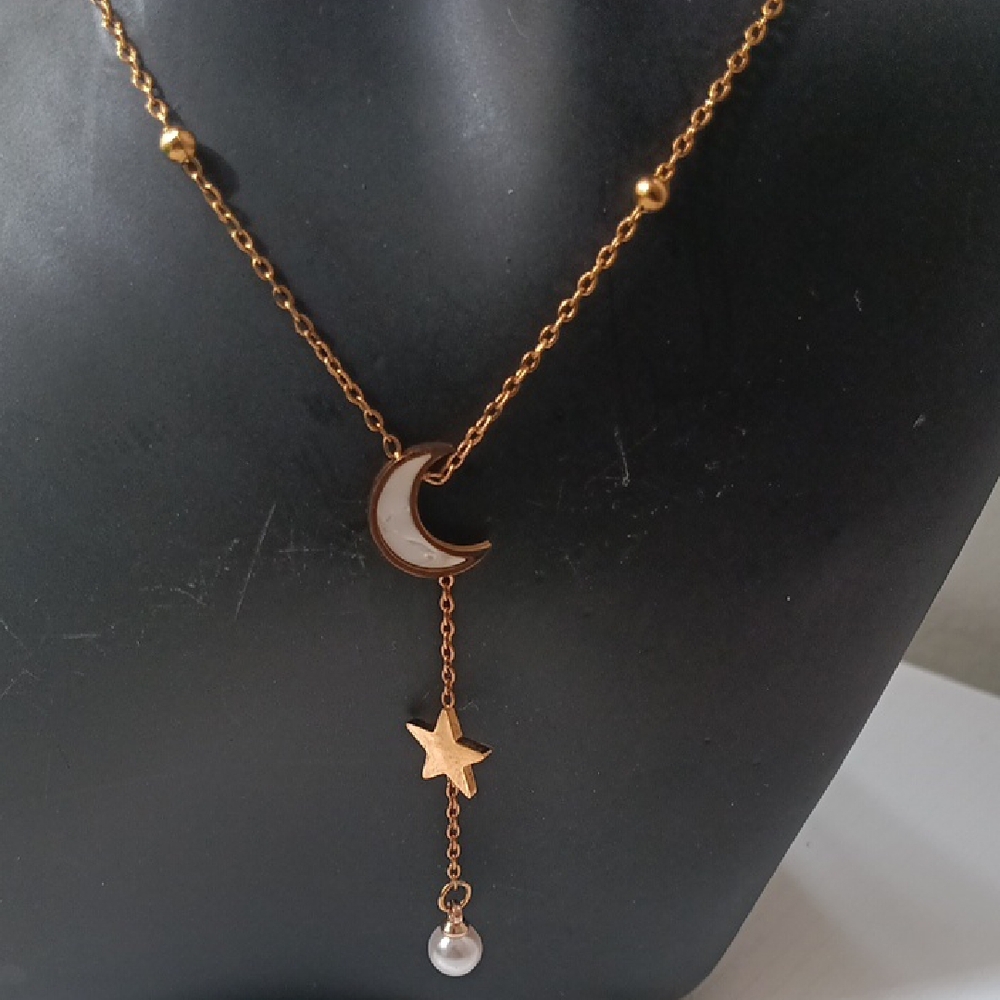 Gold Stainless Moon & Star Y-Necklace with Pearl Drop